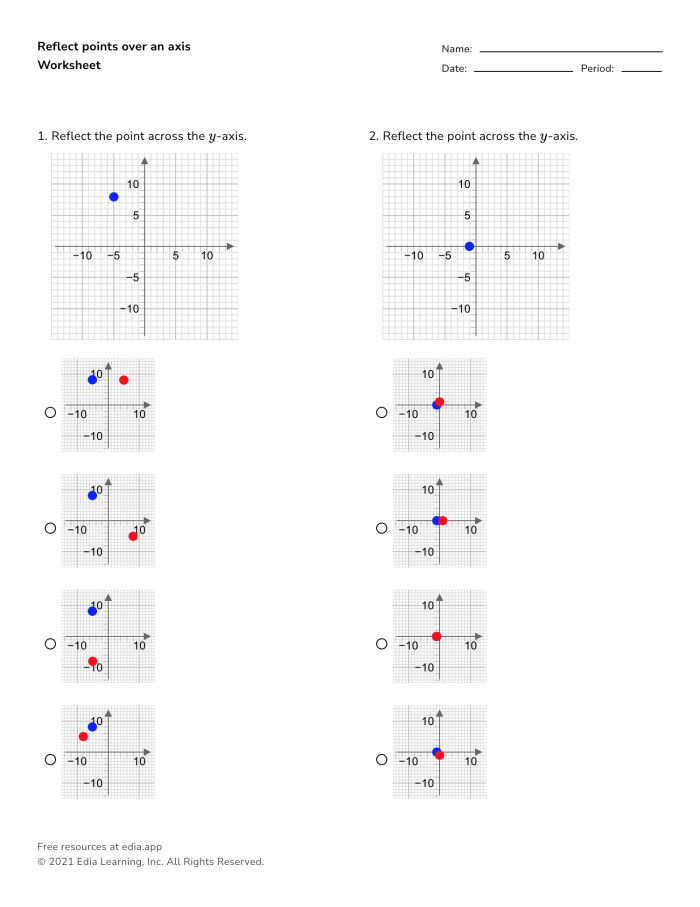 Eighth-grade worksheet featuring reflections on the coordinate plane for geometry practice