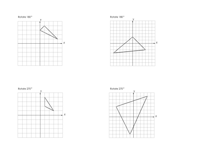 Eighth grade worksheet featuring rotations of figures on the coordinate plane
