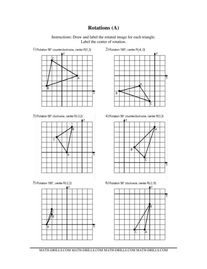 Describing Rotations worksheet for eighth-grade students Eighth-grade geometry worksheet focusing on understanding rotations in the coordinate plane