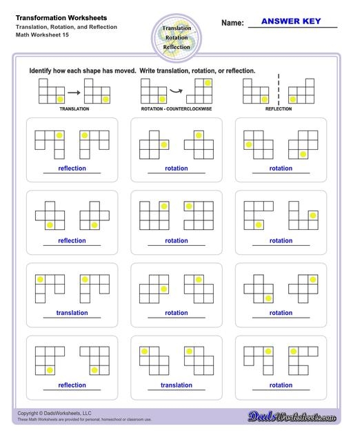 Eighth-grade worksheet featuring rotations of figures on the coordinate plane