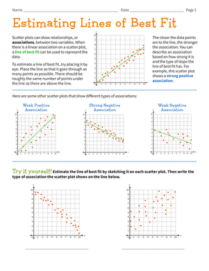 Eighth grade math worksheet showing scatter plots for students to practice drawing lines of best fit
