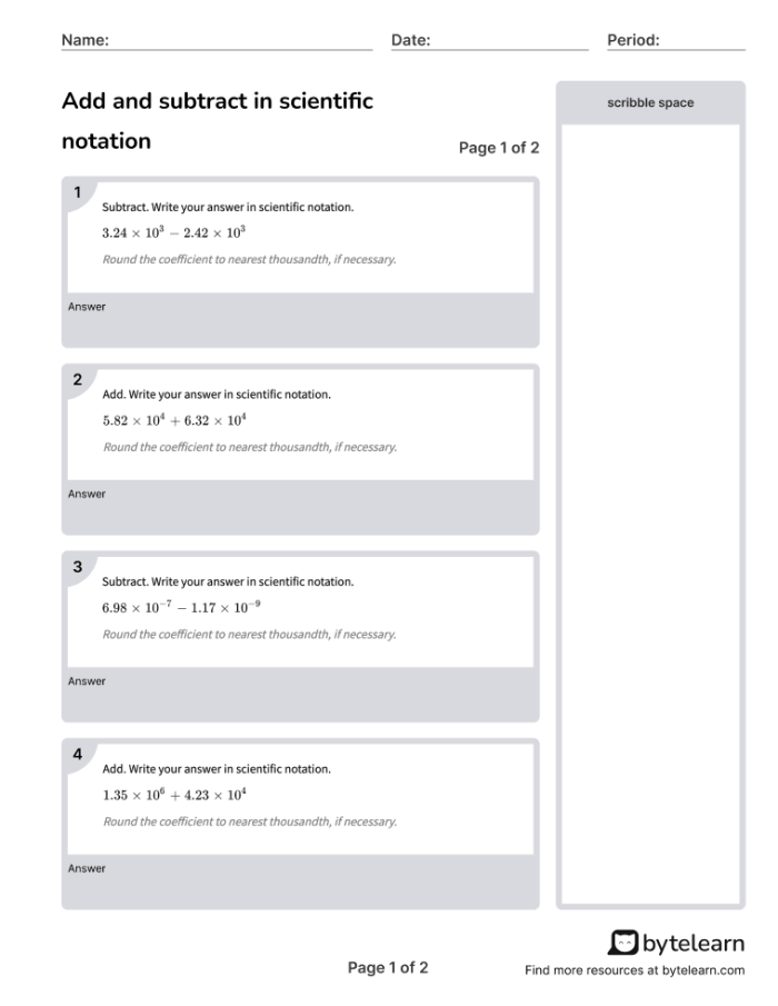 Adding and Subtracting Numbers in Scientific Notation Worksheet 21 Eighth grade math worksheet focusing on addition and subtraction of scientific notation numbers
