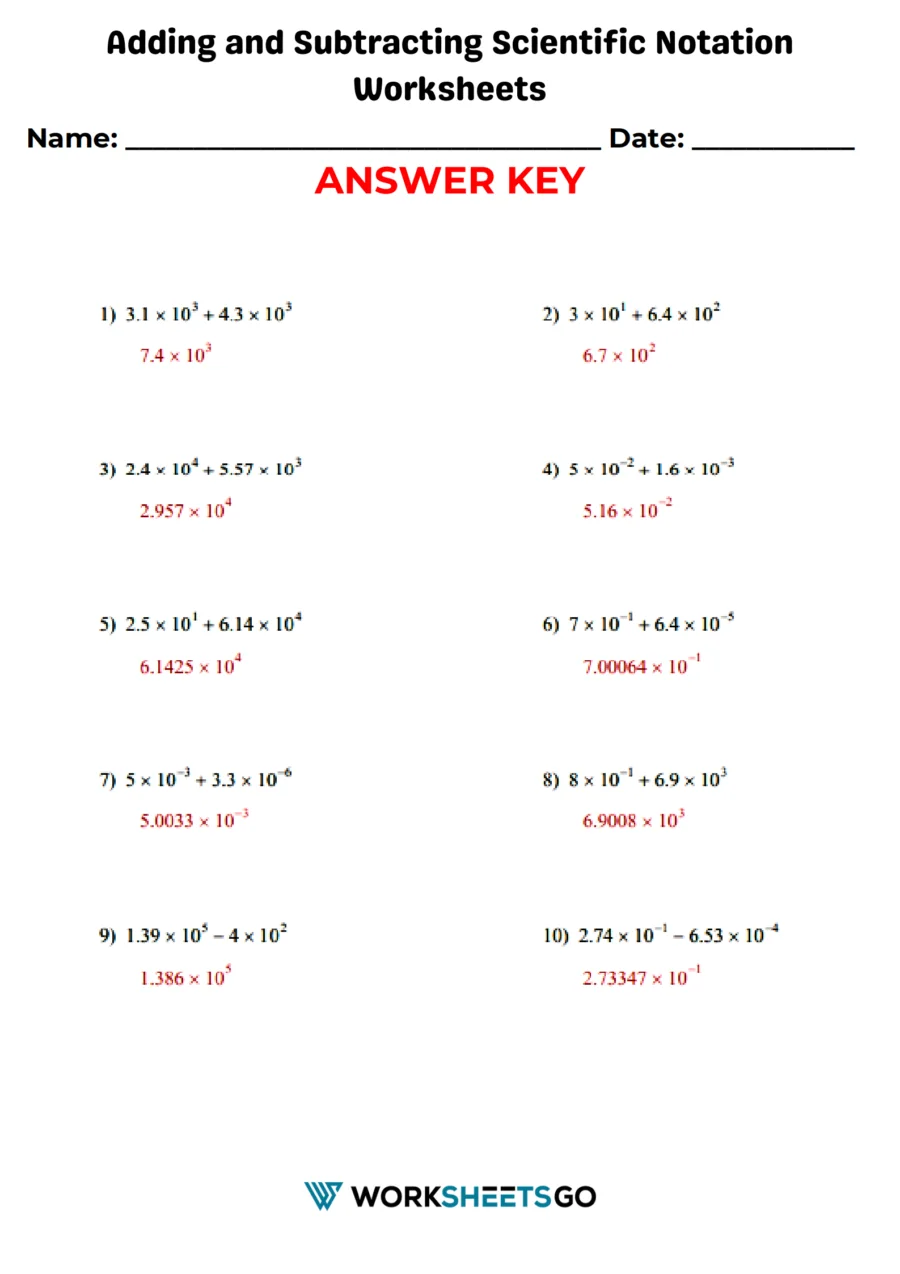 Adding and Subtracting Numbers in Scientific Notation Practice Sheet 13 Eighth grade math worksheet showing step-by-step methods for adding and subtracting scientific notation numbers