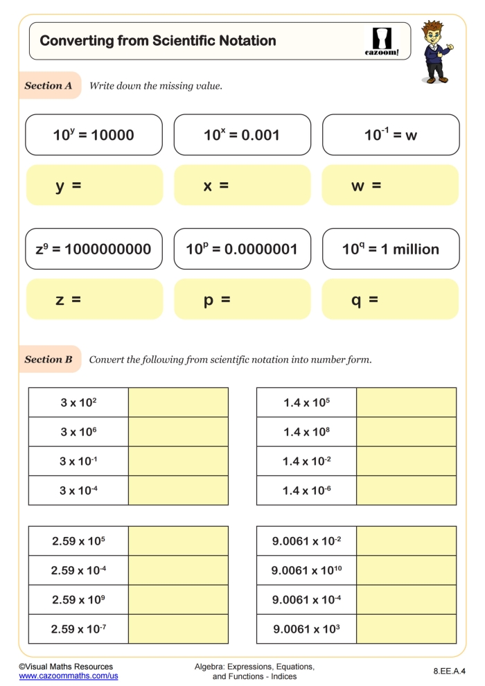 Eighth grade scientific notation conversion guide showing examples of standard form and scientific notation with step-by-step explanations