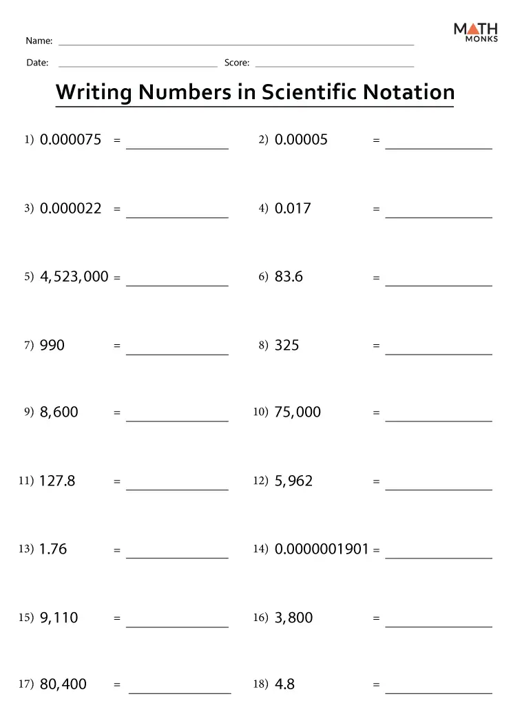 Eighth grade student worksheet demonstrating scientific notation conversion methods and examples for standard form practice
