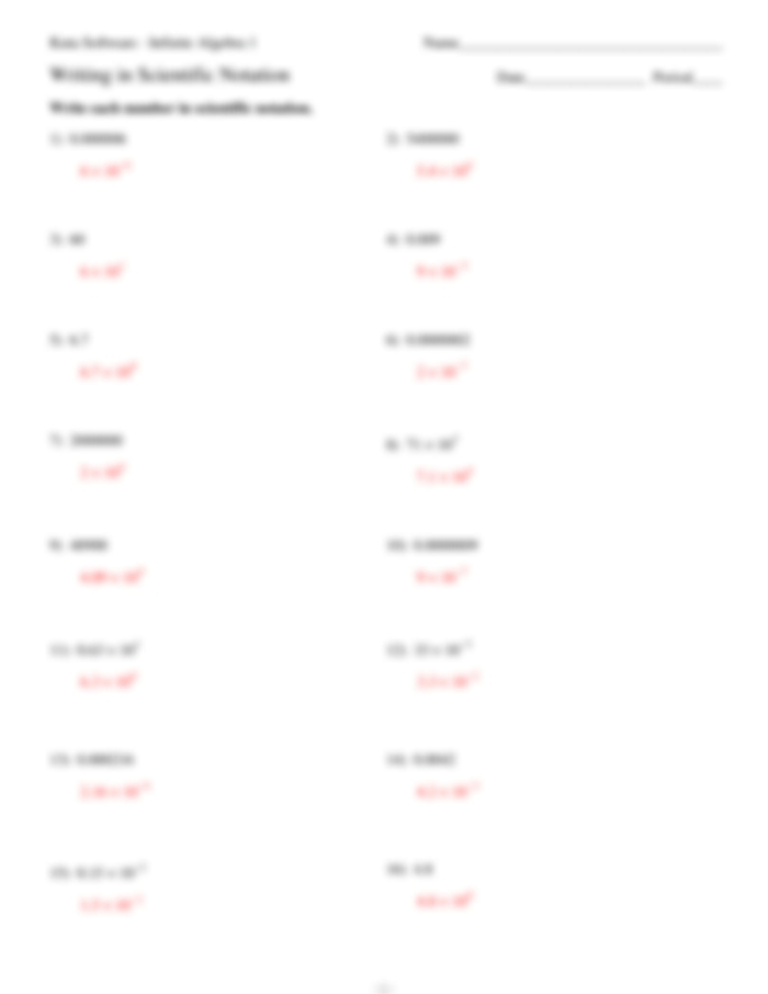 Eighth grade scientific notation handout showing conversion steps between standard form and scientific notation