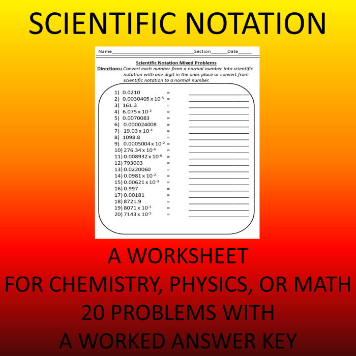 Eighth grade math worksheet explaining the basics of scientific notation and standard form conversion