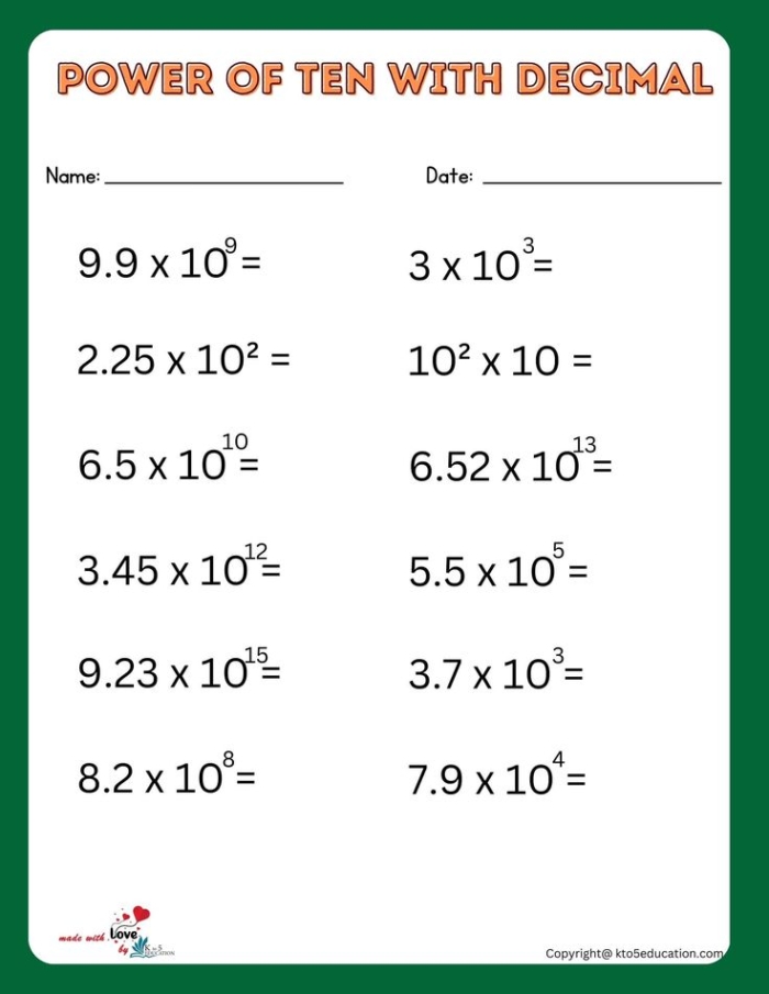 Eighth grade math handout covering scientific notation conversion and standard form exercises