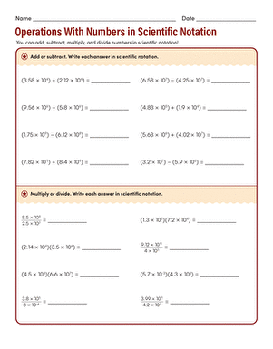 Eighth grade math worksheet showing step-by-step instructions for multiplying and dividing scientific notation numbers