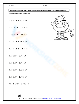 Adding and Subtracting Numbers in Scientific Notation Practice Worksheet 22 Eighth grade math worksheet showing examples and practice problems for adding and subtracting scientific notation