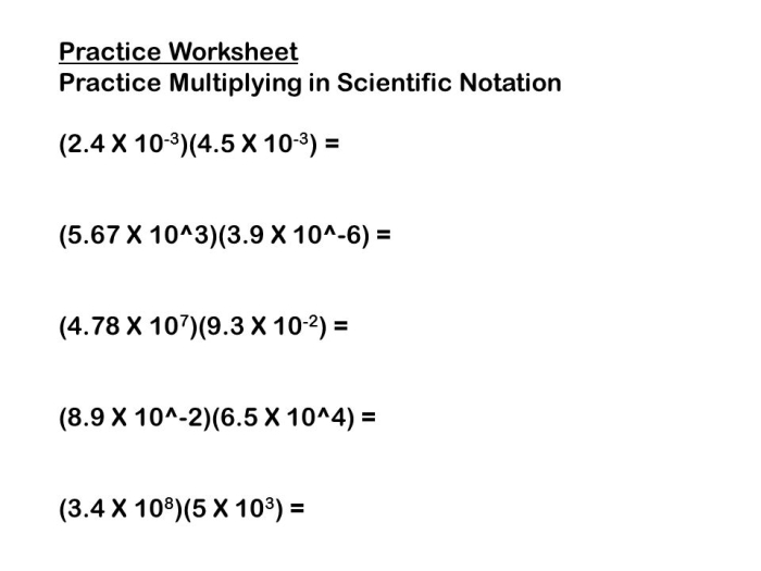 Eighth grade student working through multiplying and dividing scientific notation problems on a practice worksheet with step-by-step guide