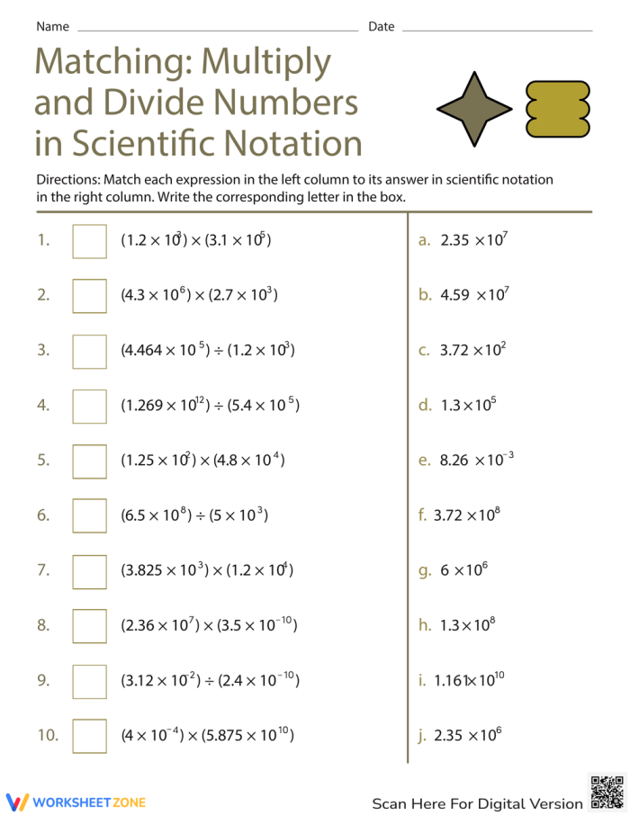 Students solving multiplication and division problems with numbers written in scientific notation format on a math practice worksheet