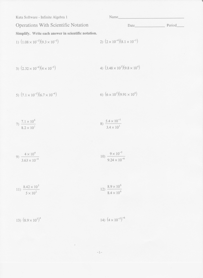 Eighth grade student solving multiplication and division problems with numbers written in scientific notation format on a practice worksheet
