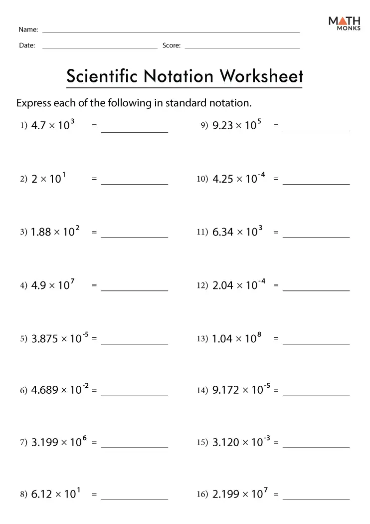Worksheet image illustrating scientific notation concepts for eighth-grade students Eighth-grade scientific notation worksheet for converting numbers between forms