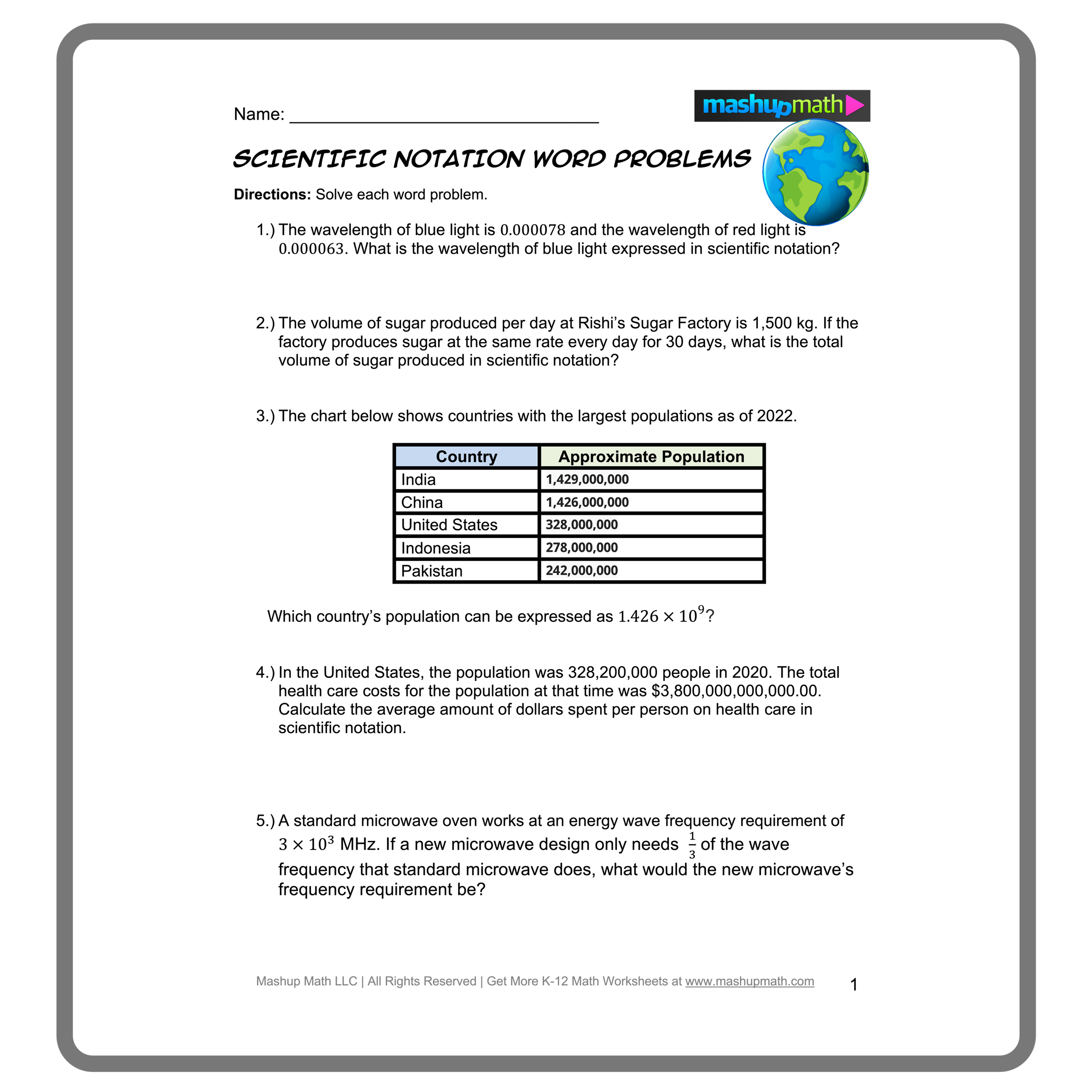 Eighth grade worksheet handout illustrating scientific notation and standard form conversion techniques