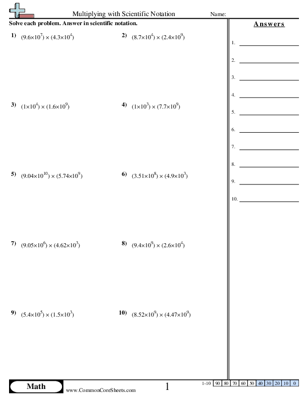 Eighth grade math worksheet showing step-by-step instructions for multiplying and dividing numbers in scientific notation