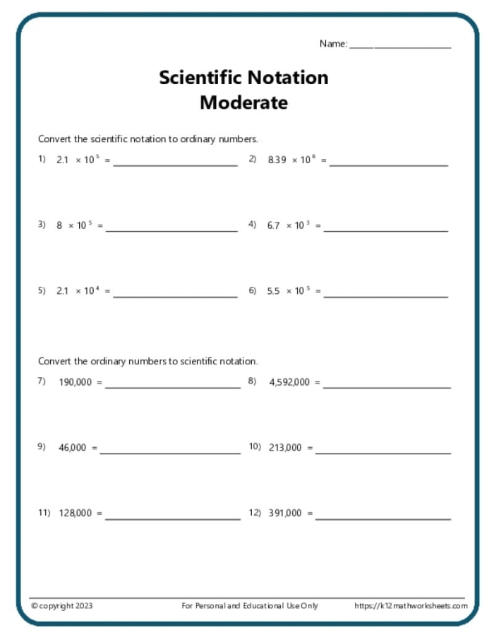 Practice sheet for mastering scientific notation and place value concepts Eighth grade worksheet on converting numbers between standard form and scientific notation