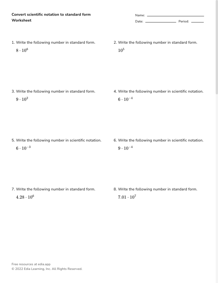 Worksheet image illustrating scientific notation and place value concepts for eighth graders Eighth grade worksheet featuring numbers in scientific notation for practice with standard form conversion