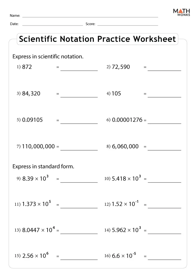 Scientific Notation Conversion Practice Worksheet for 8th Grade Students Eighth grade math worksheet focusing on converting numbers between scientific notation and standard form