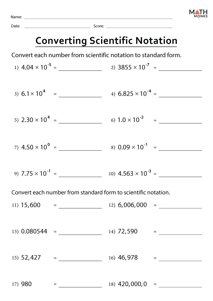 Place Value worksheet for Eighth Grade Eighth grade worksheet focused on converting numbers between standard form and scientific notation. Practice activity on numbers in scientific notation for eighth graders.