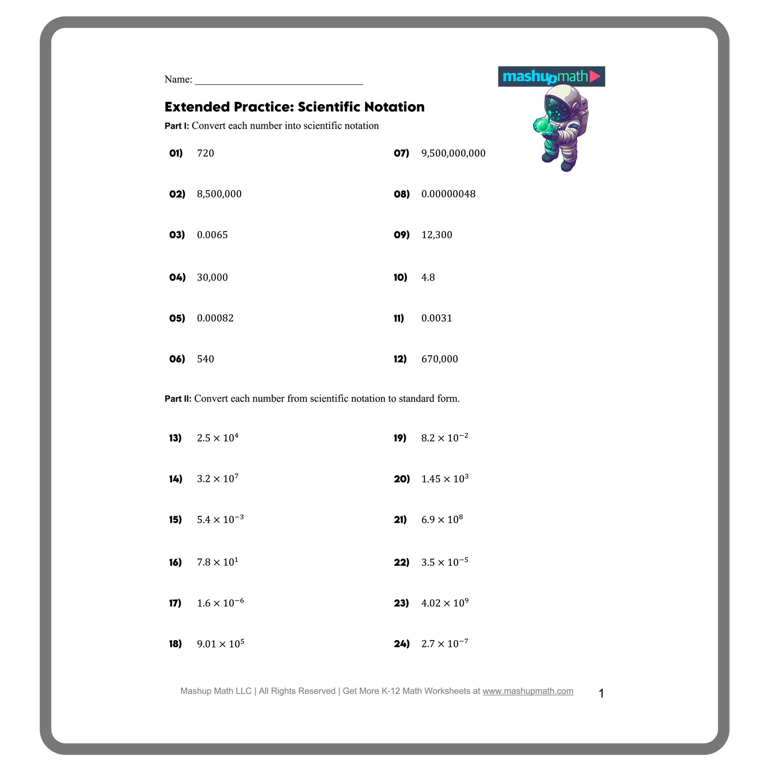 Place Value worksheet for Eighth Grade Worksheet for eighth graders focused on converting numbers between standard form and scientific notation. Practice sheet for mastering scientific notation skills in eighth grade mathematics.