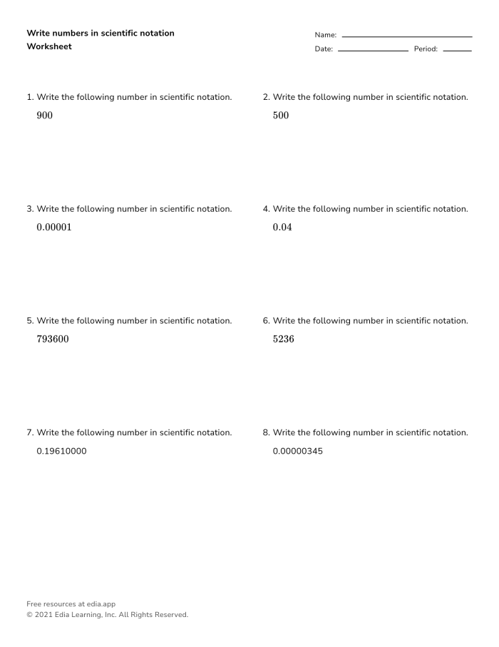 Scientific Notation Practice Worksheet Twenty One for Eighth Grade Math Eighth grade math worksheet focusing on converting between scientific notation and standard form twenty-one