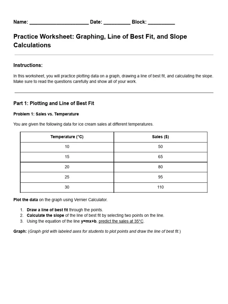 Eighth grade math worksheet focusing on analyzing lines of best fit through real-world data and slope interpretation