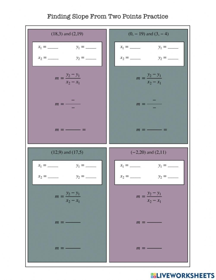 Finding Slope From Two Points Practice Worksheet 12 Eighth grade algebra worksheet for calculating slope given two coordinate points
