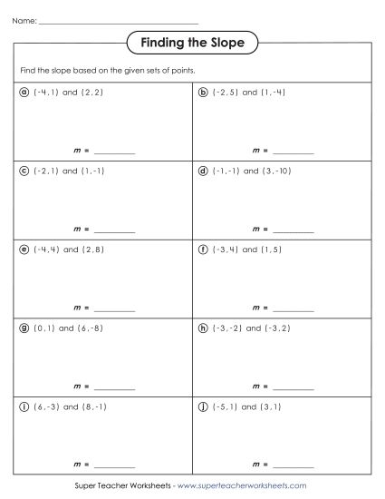 Eighth grade math student solving a slope review worksheet by calculating rise over run.