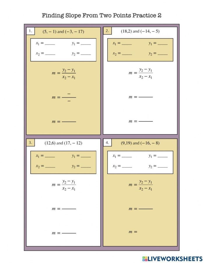 Finding Slope From Two Points Practice Worksheet Number 20 Eighth grade algebra worksheet displaying practice problems for calculating the slope of a line given two coordinate points