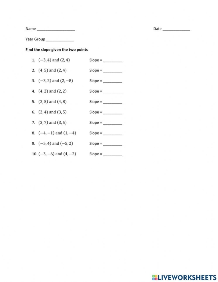 Finding Slope From Two Points Practice Worksheet Three Eighth grade math worksheet focusing on calculating the slope of a line using two coordinate points
