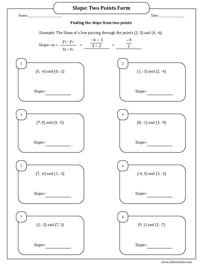 Finding Slope From Two Points Practice Worksheet 10 Eighth grade algebra worksheet for calculating the slope of a line given two coordinate points
