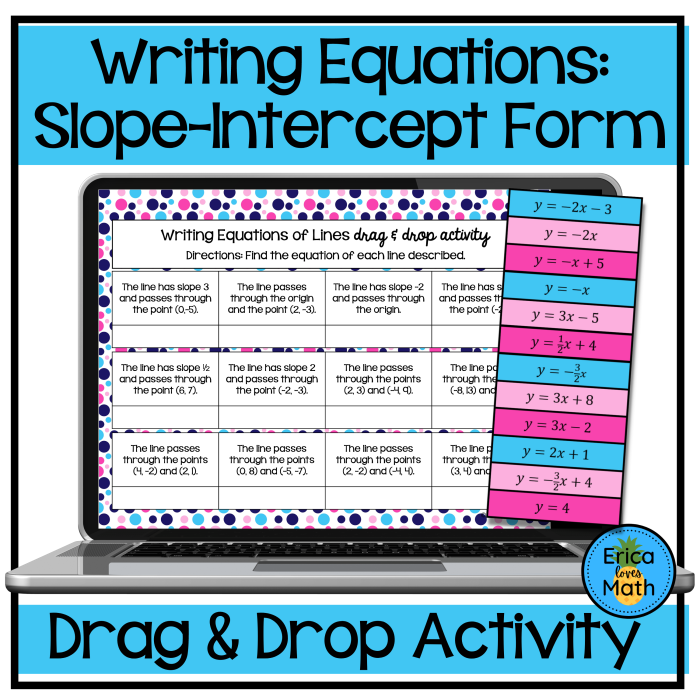 Eighth grade math worksheet showing tables used to write linear equations in slope-intercept form