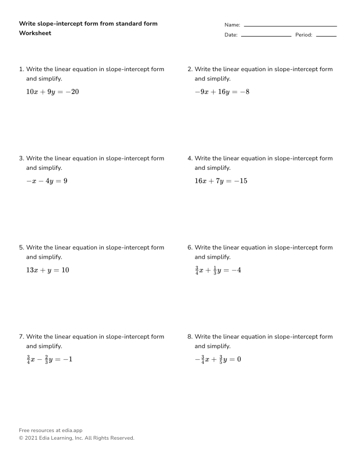 Worksheet for writing slope-intercept equations based on tabulated values Eighth-grade algebra worksheet on writing equations in slope-intercept form from a table