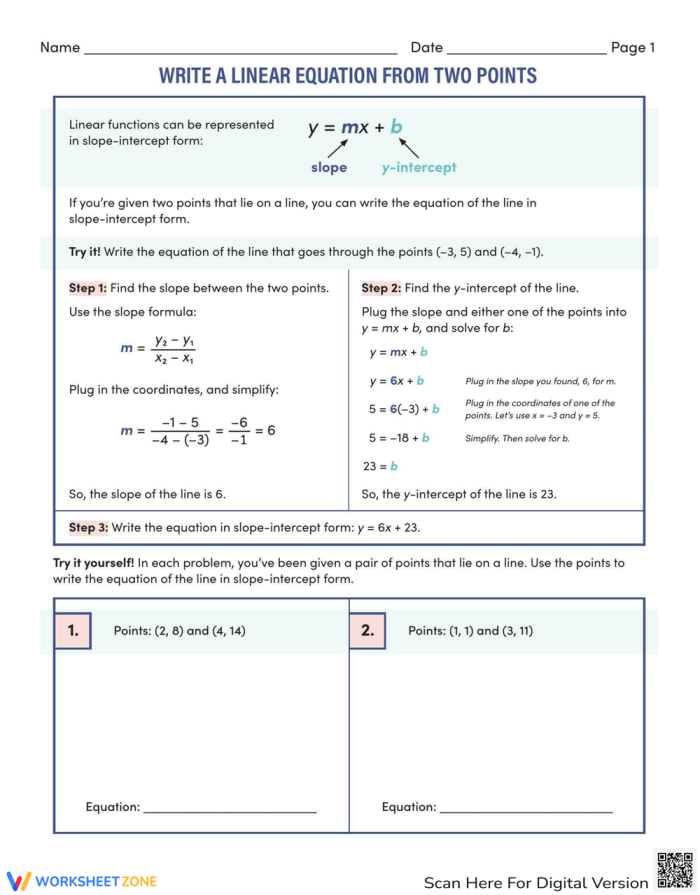 Write a Linear Equation From Two Points Worksheet for Grade 8 Algebra Students Eighth grade algebra worksheet showing how to find slope and y-intercept from two points to write linear equations in slope-intercept form