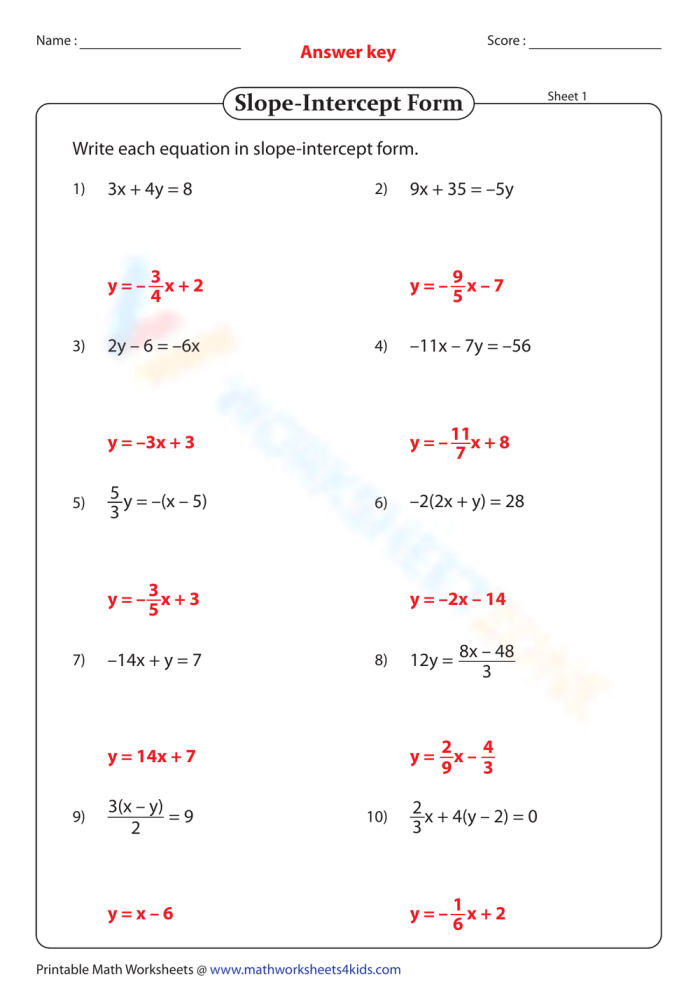 Worksheet image for practicing slope-intercept equations using table values Eighth-grade algebra worksheet focusing on writing equations in slope-intercept form from tables
