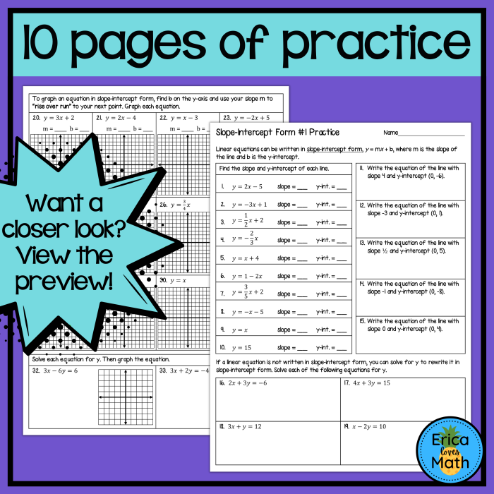 Graphing Linear Equations in Slope-Intercept Form Worksheet - Image 11 Eighth-grade worksheet for practicing graphing linear equations in slope-intercept form