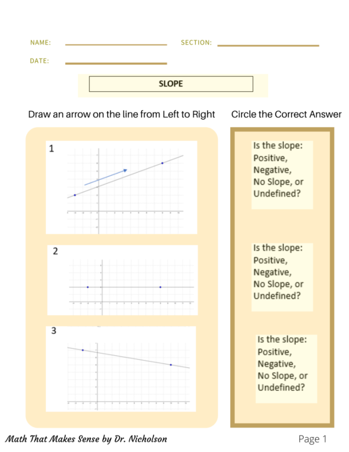 Eighth grade slope review worksheet focusing on calculating rise over run