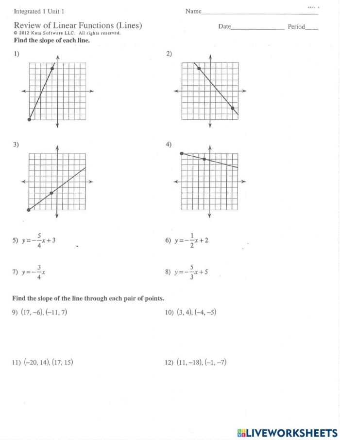 Eighth grade math worksheet showing students how to calculate slope using rise over run formulas.