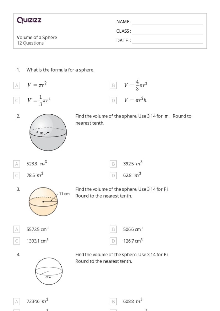 Volume of Spheres Worksheet for Mixed Operations in Eighth Grade Worksheet focused on calculating the volume of spheres for eighth-grade students