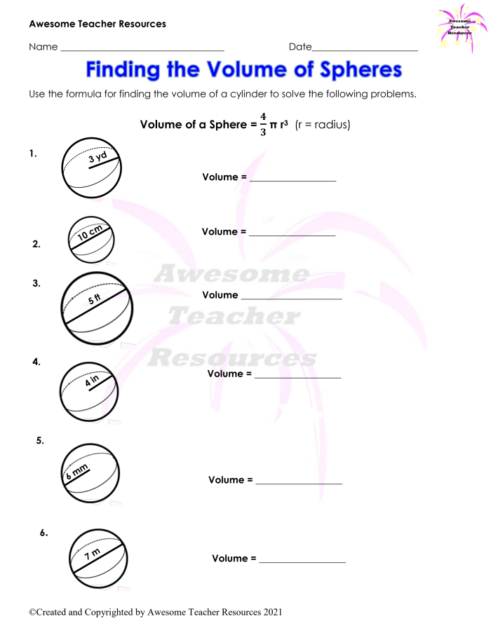 Volume of Spheres Worksheet - Eighth Grade Geometry Practice Worksheet on calculating the volume of spheres for eighth-grade students