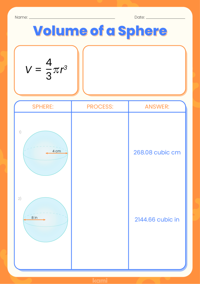 Volume of Spheres Geometry Practice Worksheet 17 Eighth grade math worksheet focusing on calculating the volume of various spheres