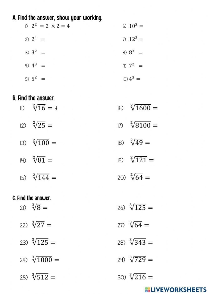 Eighth grade math worksheet for practicing square roots of perfect squares and cube roots of perfect cubes