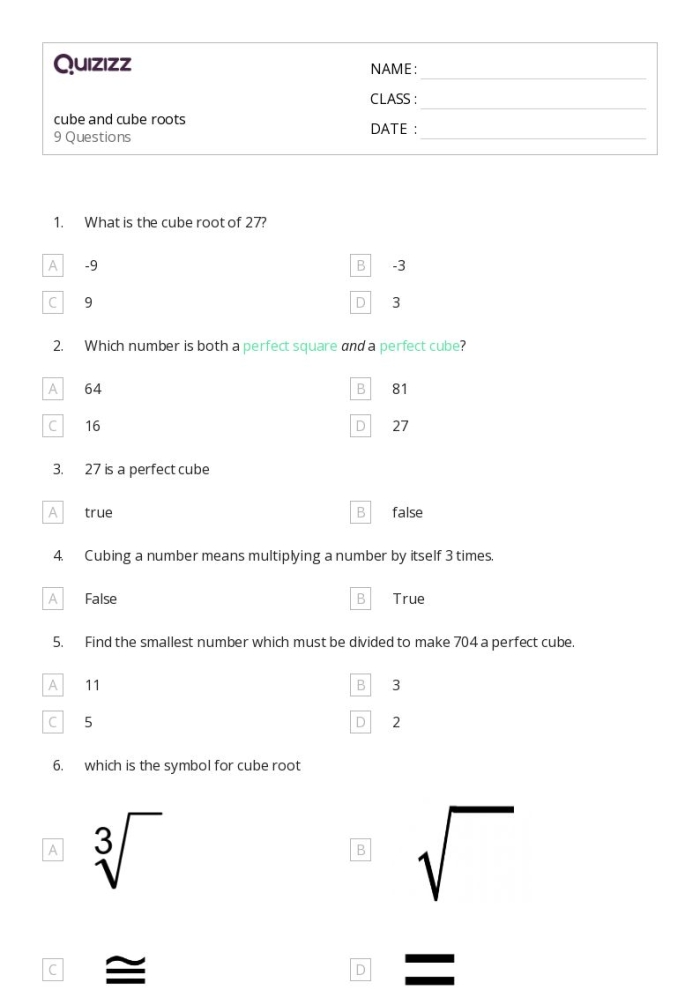 Students solving problems on square and cube roots in a worksheet for eighth-grade math