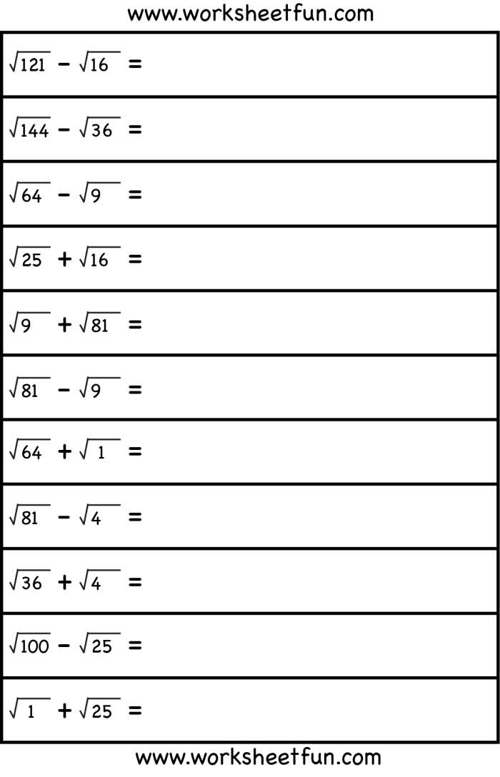 Eighth-grade worksheet featuring exercises on square roots and cube roots for perfect squares and cubes