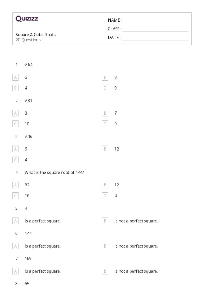 Students working on a Square Roots and Cube Roots worksheet for eighth grade math. Eighth-grade math practice sheet focusing on perfect squares and cubes roots.