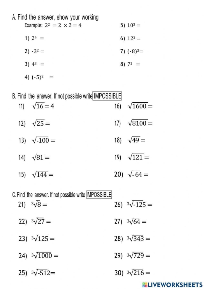 Worksheet featuring square roots and cube roots practice for eighth-grade students