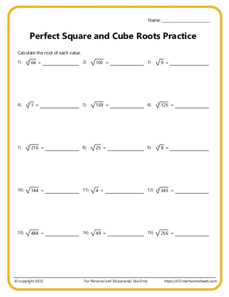 Eighth grade math worksheet focusing on calculating square roots and cube roots of perfect numbers