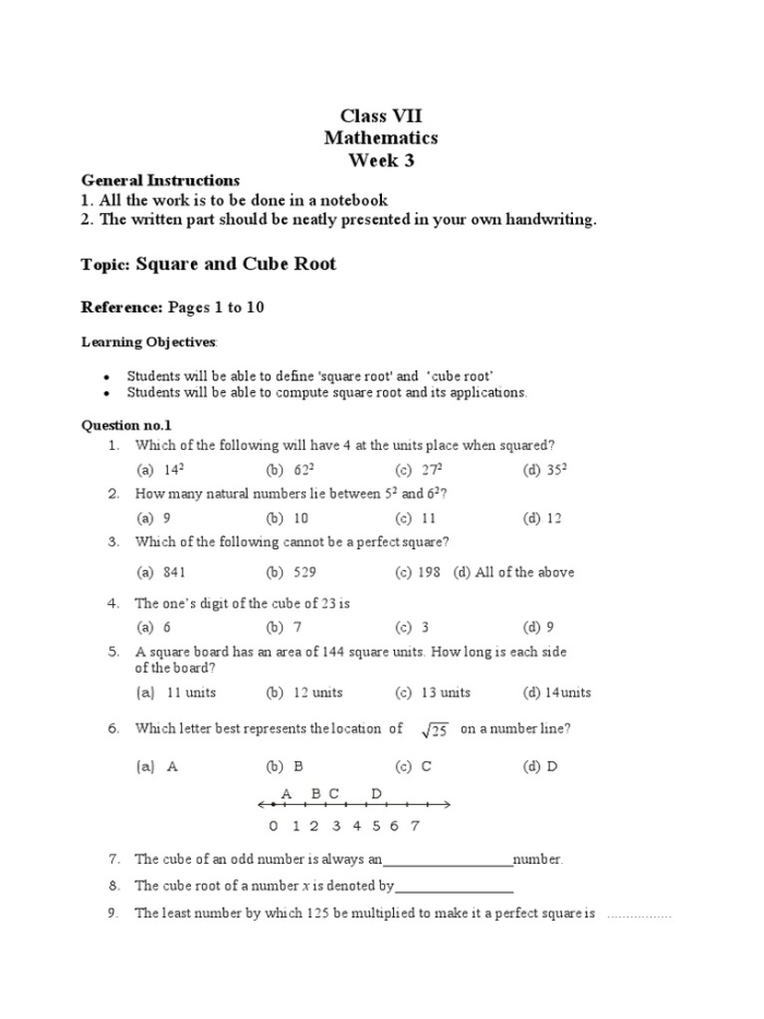 Worksheet featuring square roots and cube roots for eighth-grade math practice