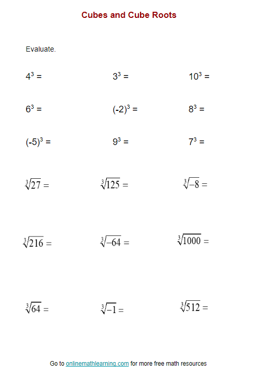 Square Root and Cube Root Practice Worksheet 8 Eighth grade math worksheet focusing on solving square root and cube root equations
